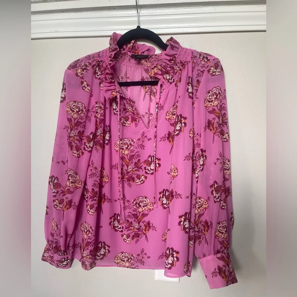 J Crew pink floral sheer drapey tie neck ruffle blouse top S
